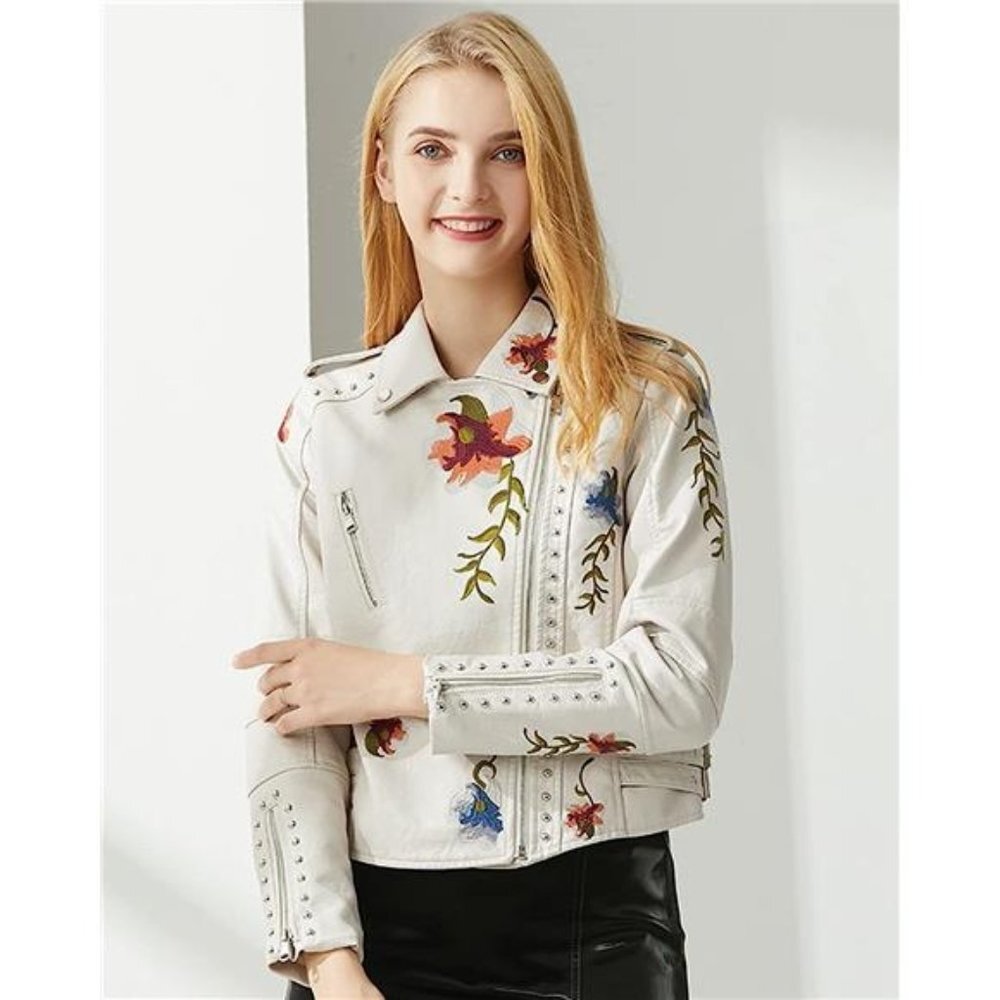 Off White Floral Embroidered Studded Faux Leather Jacket Moto Bomber Jacket Coat - Picture 2 of 6